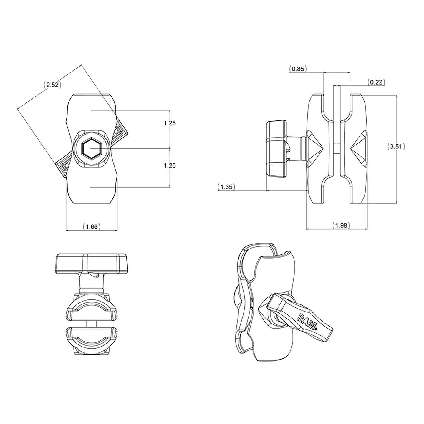 RAM-201U-B RAM kratka zatezna ruka za dvije 1,5" kugle
